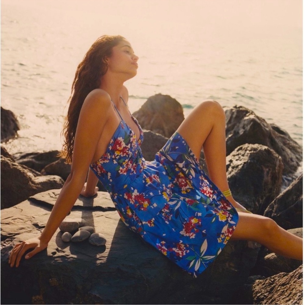 Anthropologie Emily Spring Floral Halter Mini Dress Blue - Size M